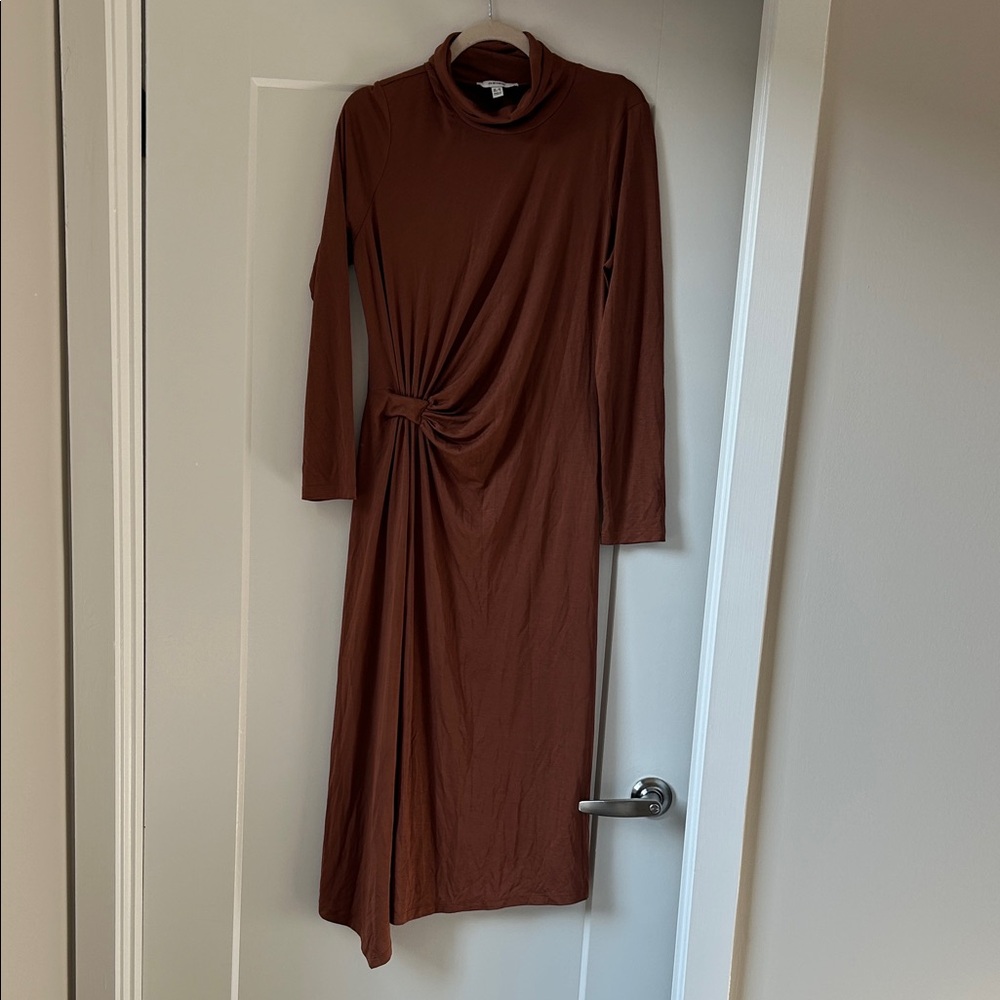 Reiss Long Sleeve Twist-Knot Midi Dress in Brown